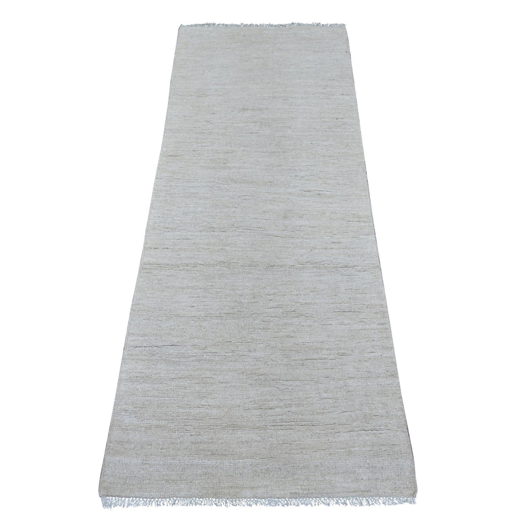 2'4"x6' Daisy White, Plain Solid Pattern, Hand Knotted, Hand Spun Ghazni Wool, Lush and Plush, Runner, Oriental Rug 